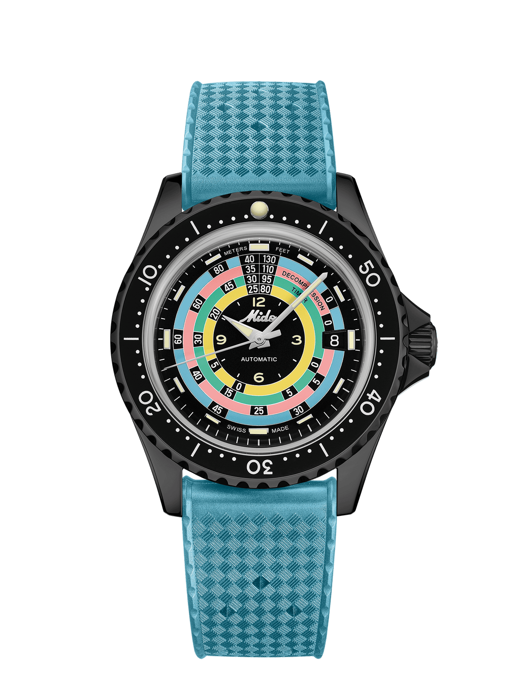 Orologio subacqueo nero con quadrante multicolore e cinturino blu a maglia
