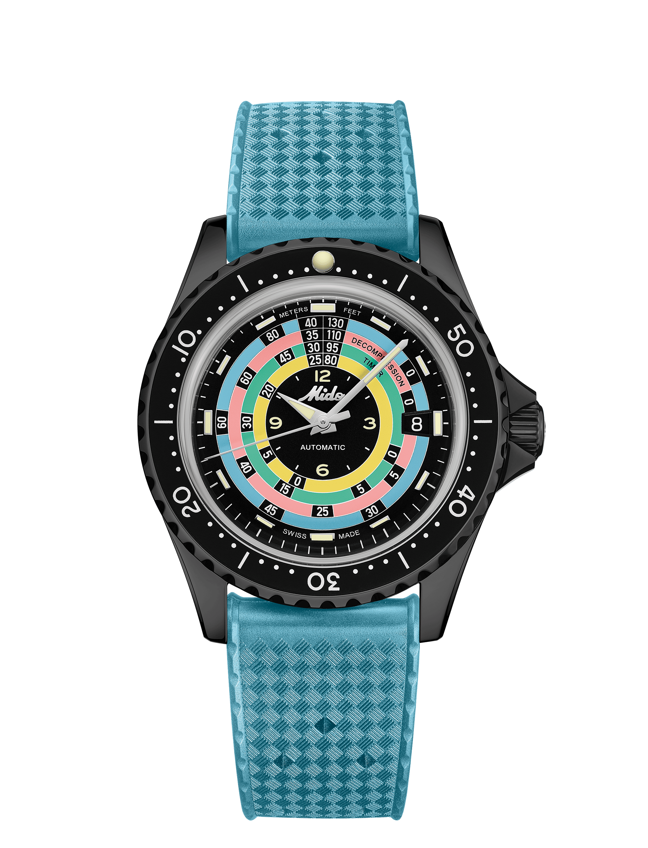 Orologio subacqueo nero con quadrante multicolore e cinturino blu a maglia