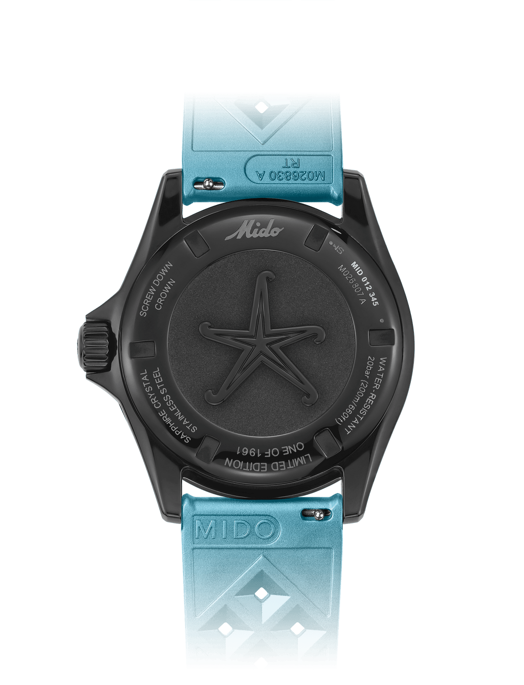 Orologio automatico nero con bracciale azzurro e quadrante nero con stella