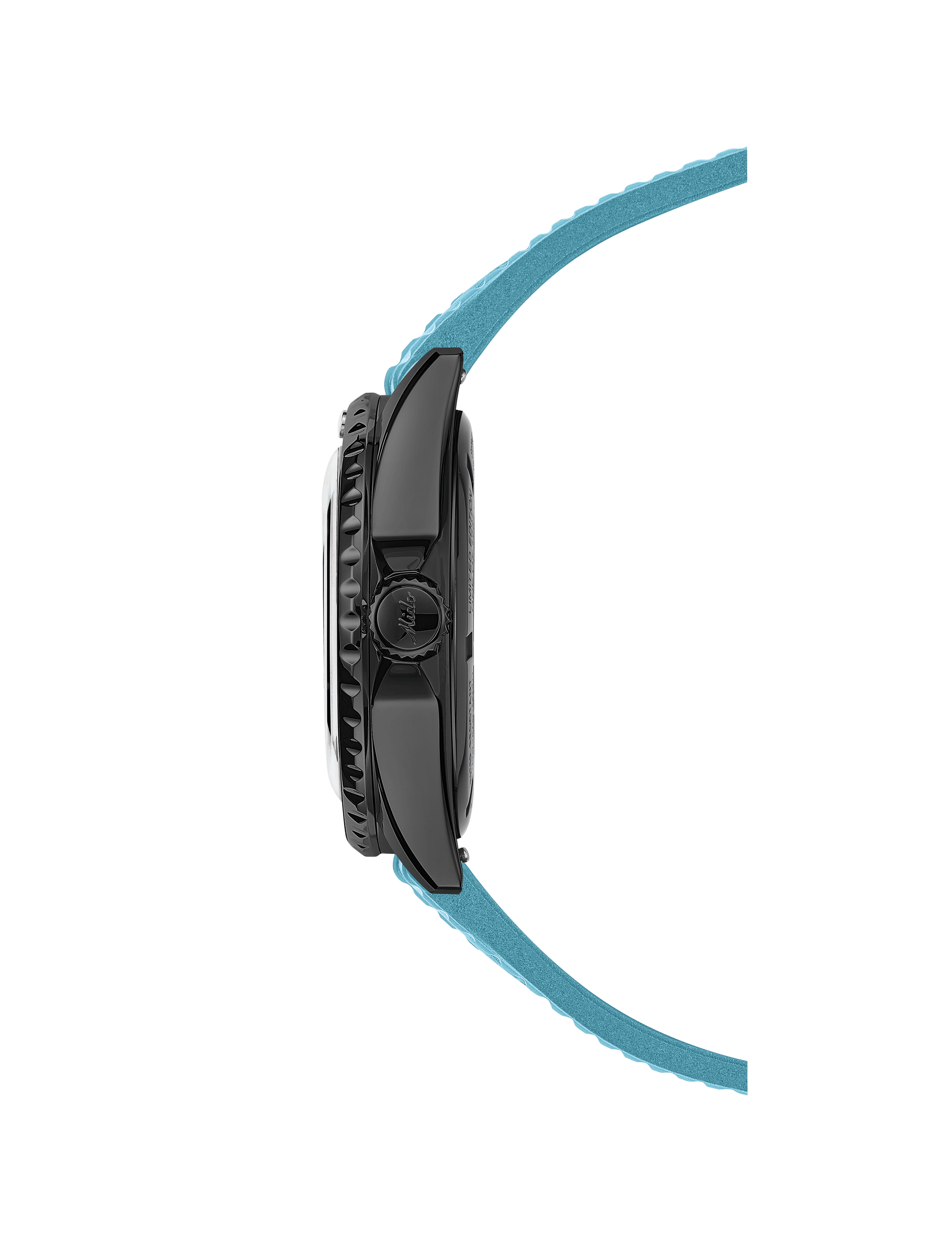Orologio nero visto di profilo con cinturino blu a maglia e cassa PVD
