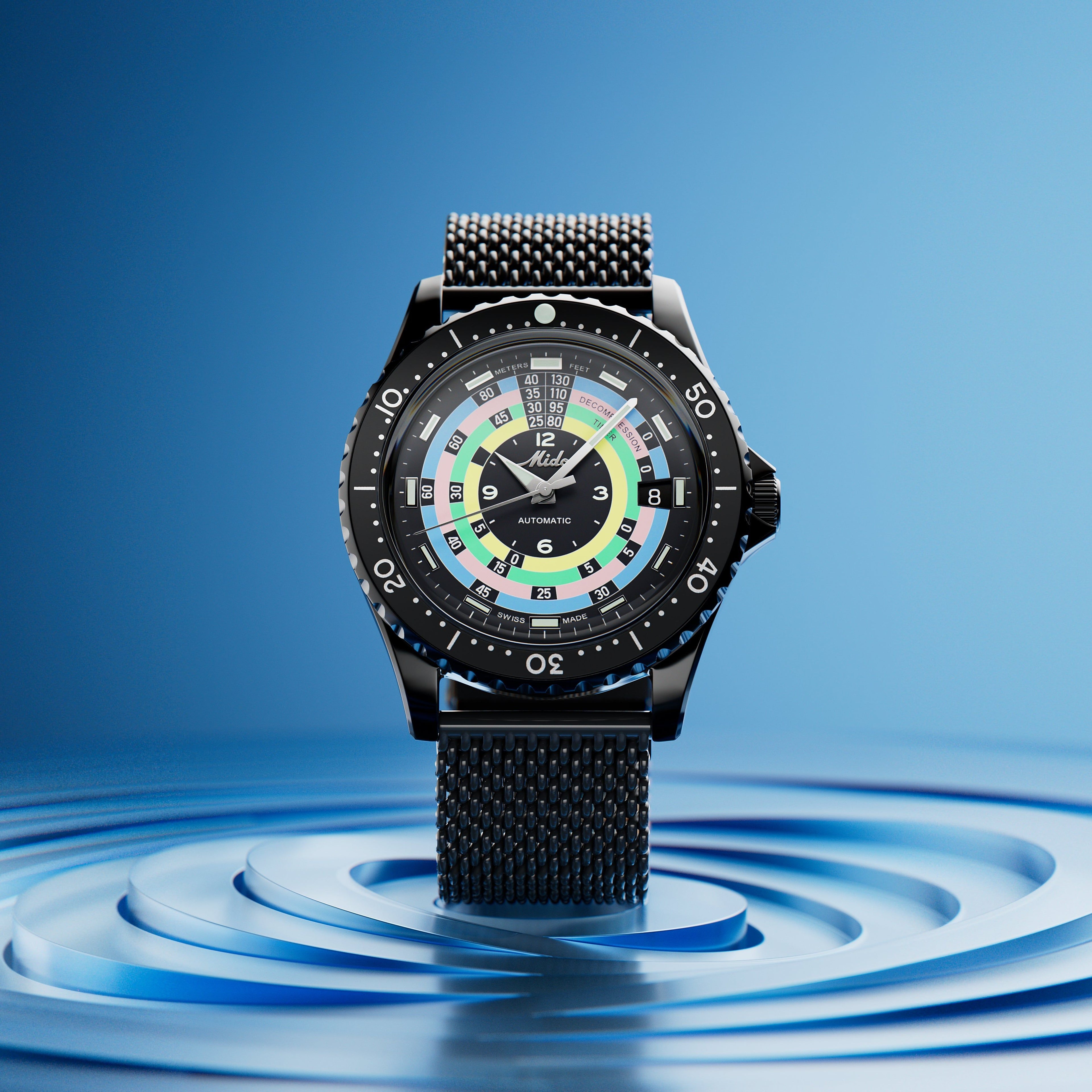 Orologio Ocean Star nero con quadrante multicolore e cinturino a maglia scura