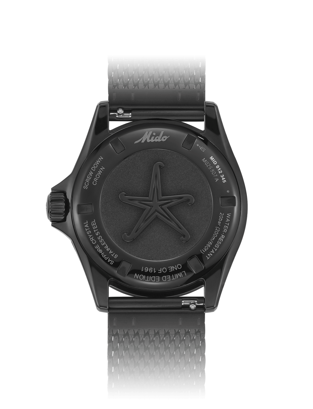 Orologio nero con fondello inciso a stella, corona laterale e cinturino a maglia