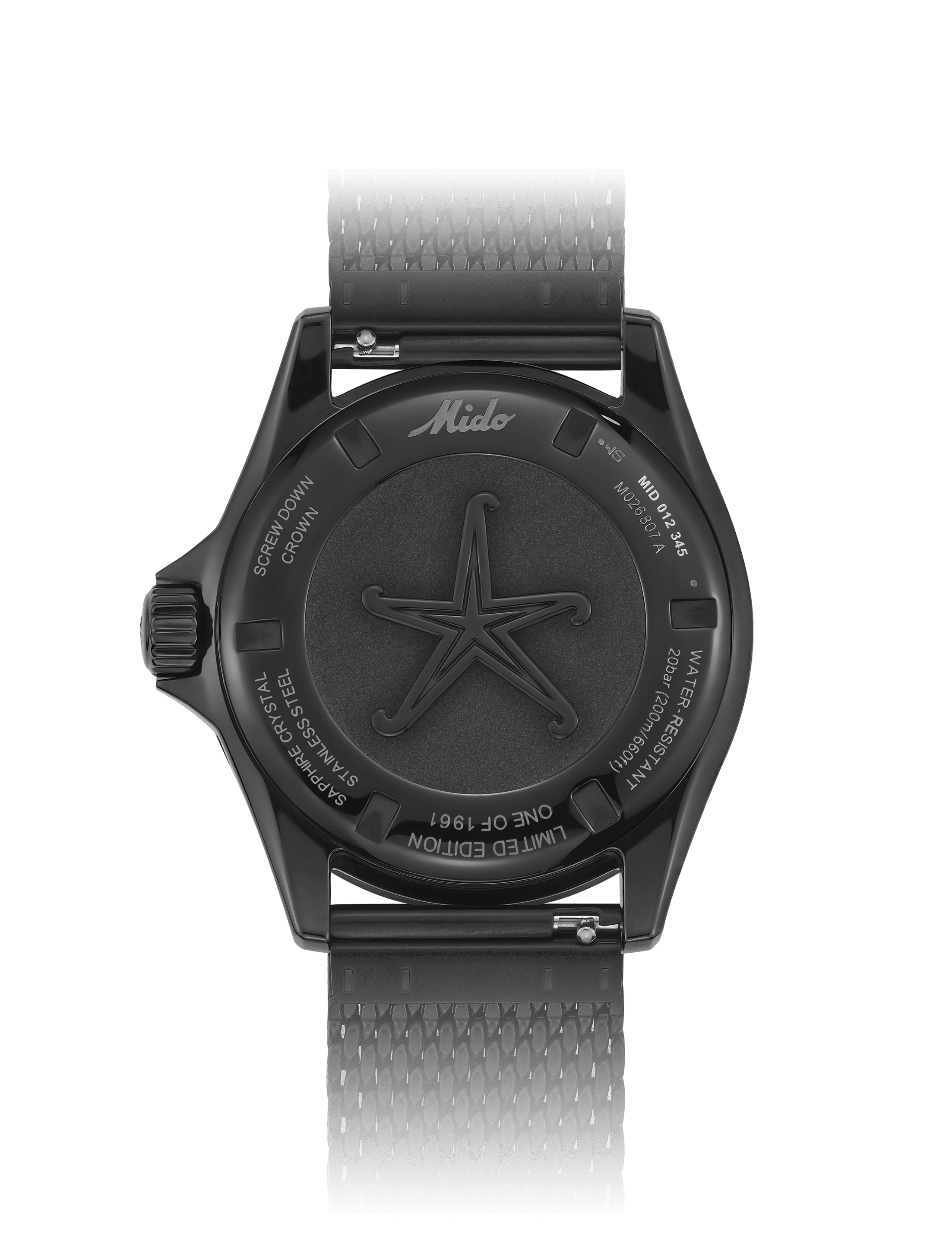 Orologio nero con fondello inciso a stella, corona laterale e cinturino a maglia