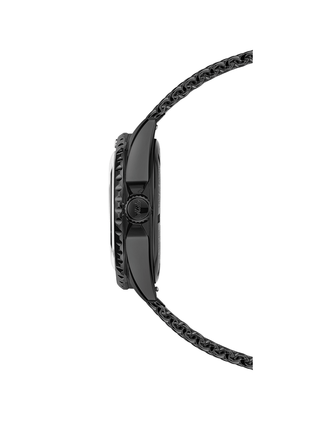 Orologio nero visto di profilo con cinturino a maglia e cassa PVD