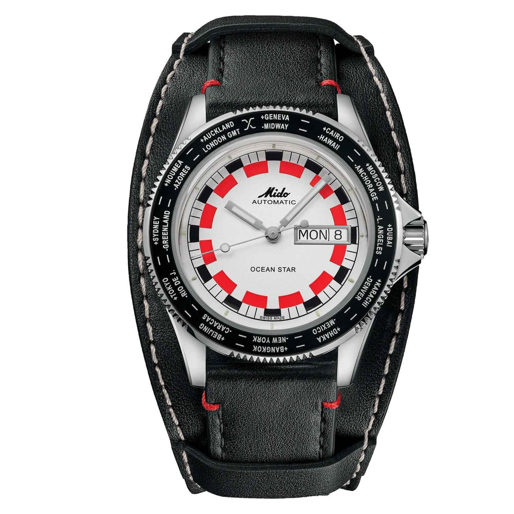 Orologio automatico Mido con cinturino pelle nera e quadrante nero con dettagli rossi