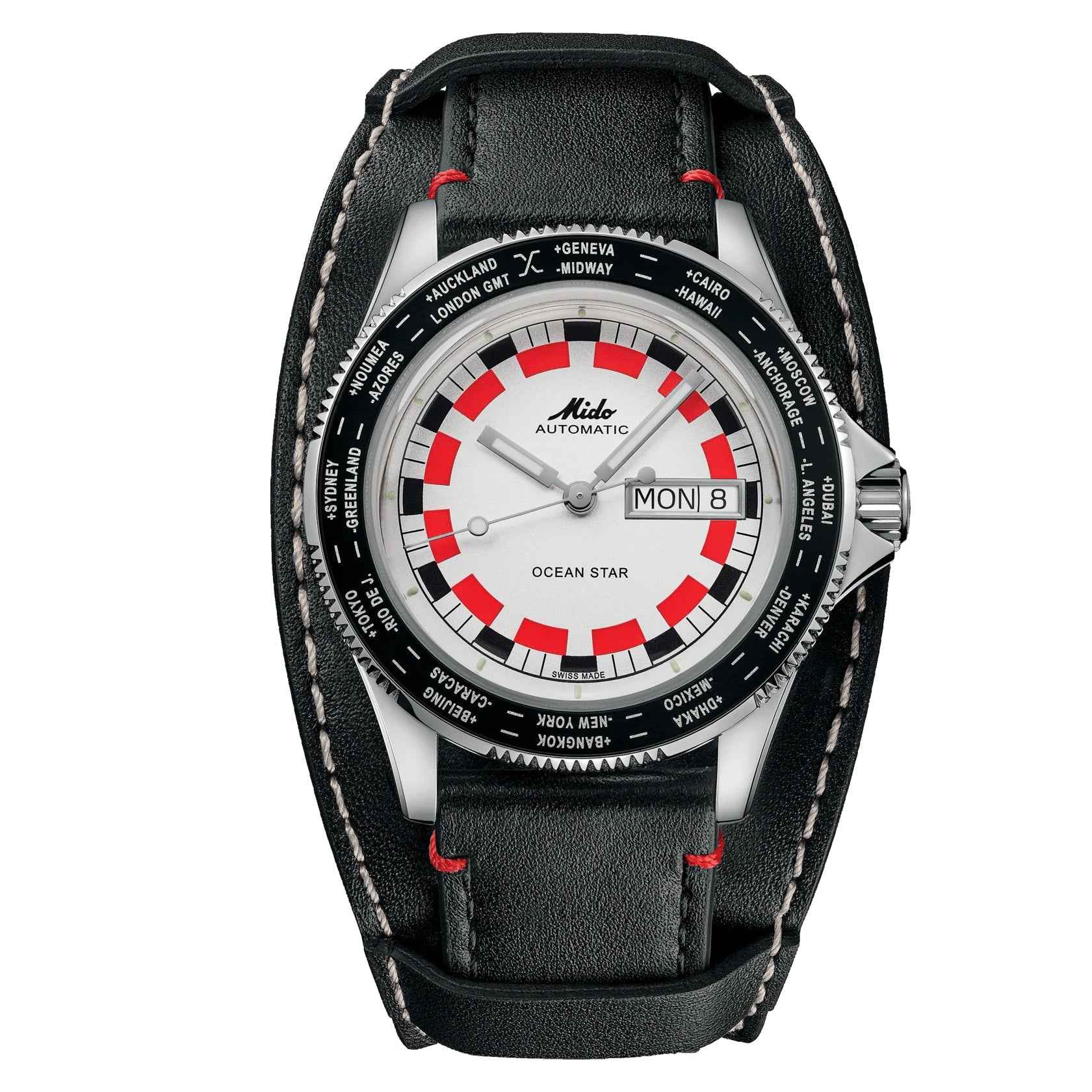 Orologio automatico Mido con cinturino pelle nera e quadrante nero con dettagli rossi