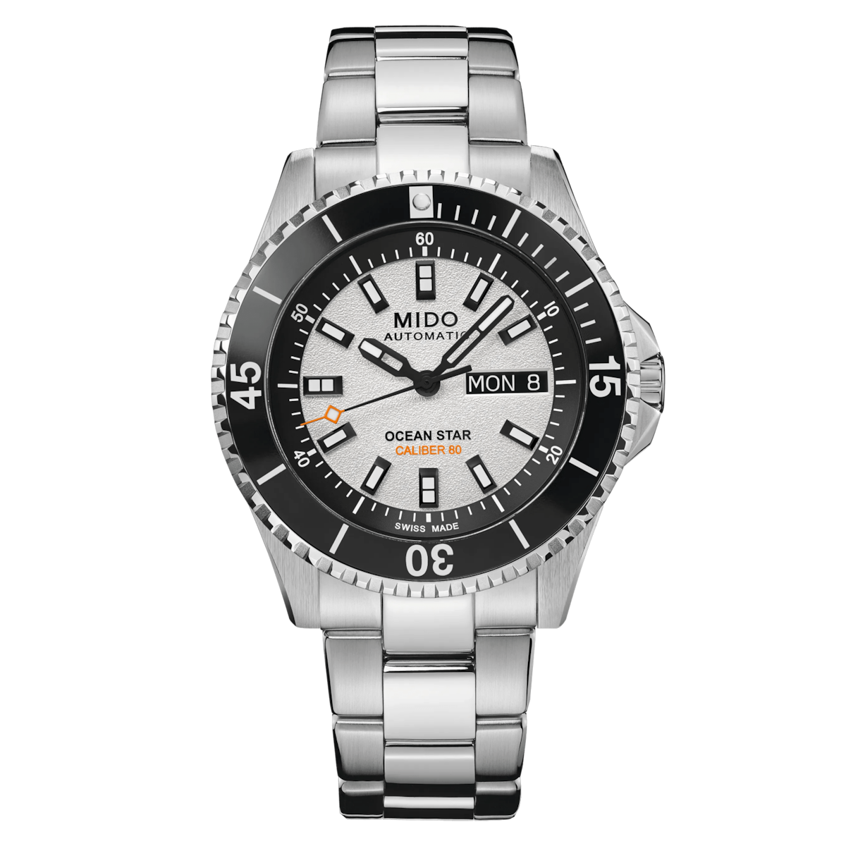 MIDO Ocean Star 200 Automatico Uomo 41 mm Acciaio 316L Quadrante Bianco Lunetta Girevole Nera Vetro Zaffiro Day-Date Caliber 80 Bracciale Acciaio 200 m Swiss Made Ref. M026.930.11.011.00 Oasi Watch
