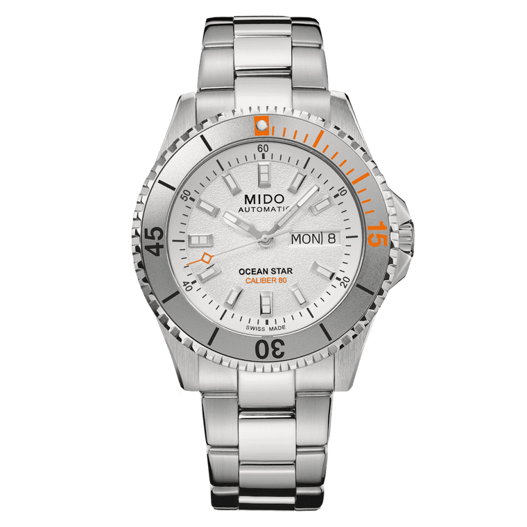 MIDO Ocean Star 200 Automatico Uomo 41 mm Acciaio 316L Quadrante Argento Lunetta Girevole Vetro Zaffiro Day-Date Caliber 80 Bracciale Acciaio 200 m Swiss Made Ref. M026.930.11.031.00