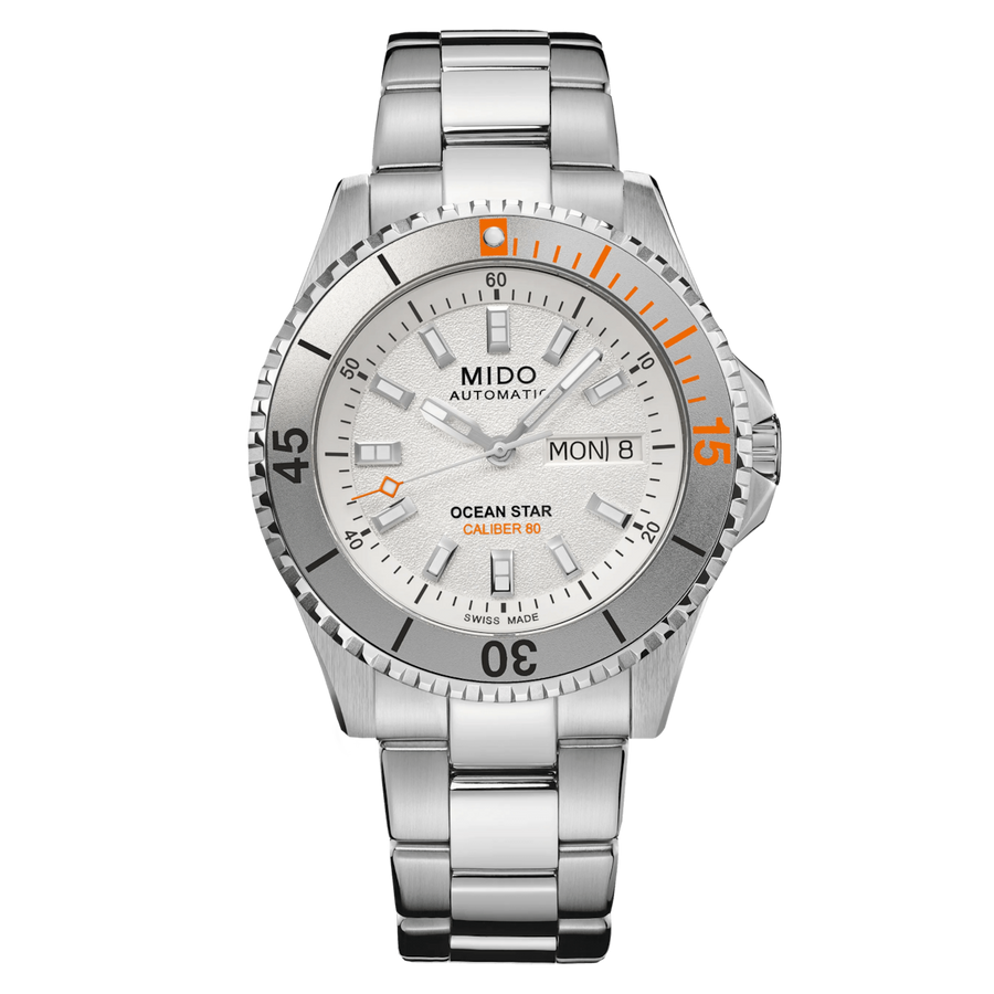 MIDO Ocean Star 200 Automatico Uomo 41 mm Acciaio 316L Quadrante Argento Lunetta Girevole Vetro Zaffiro Day-Date Caliber 80 Bracciale Acciaio 200 m Swiss Made Ref. M026.930.11.031.00