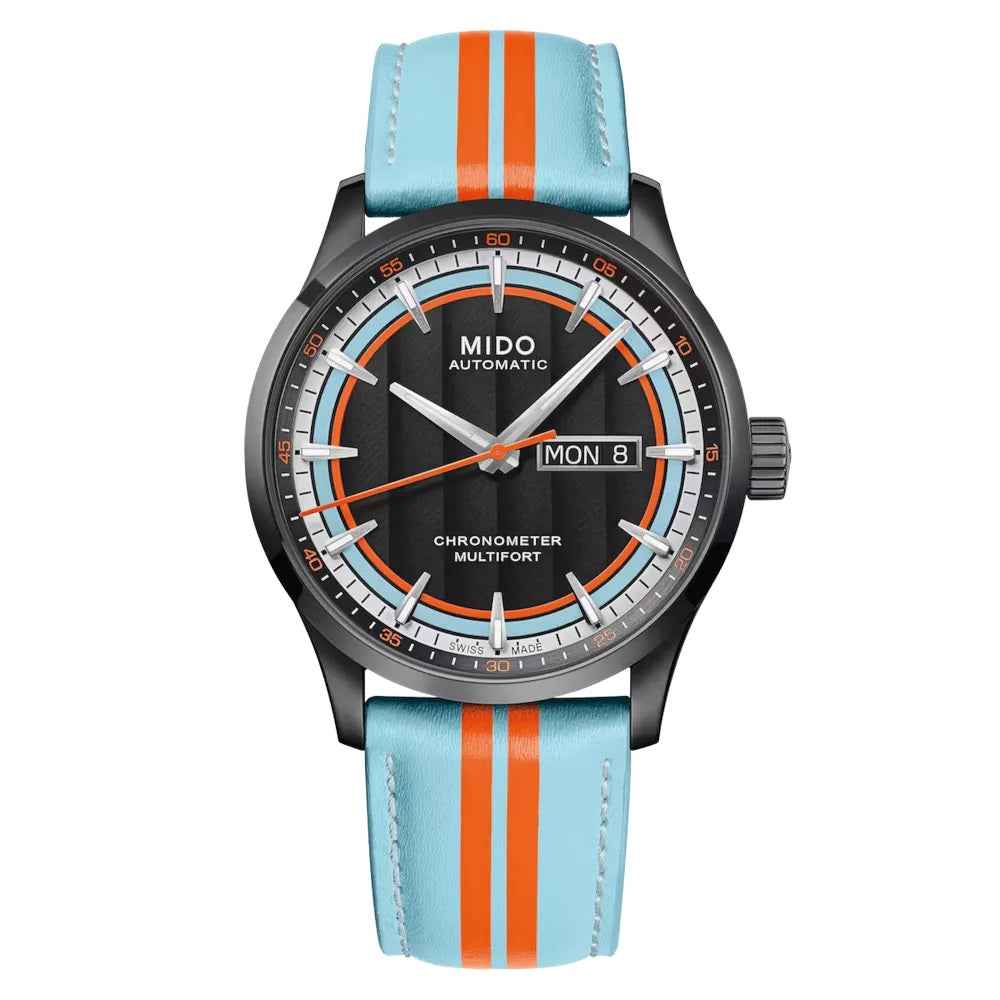 Orologio automatico con quadrante nero e cinturino azzurro a righe arancioni
