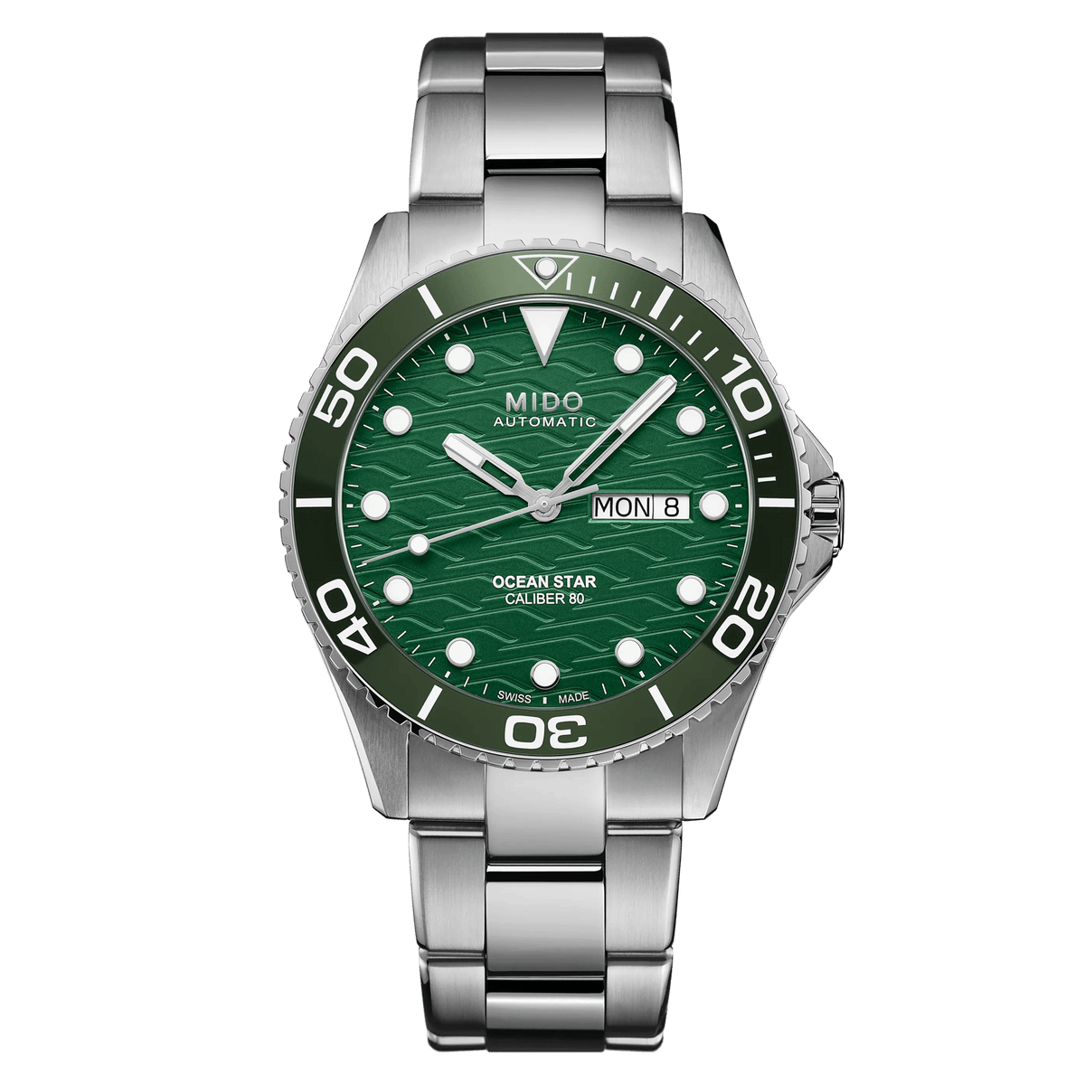 MIDO Ocean Star 200C Automatico Uomo 42,5 mm Acciaio 316L Quadrante Verde Lunetta Ceramica Verde Vetro Zaffiro Day-Date Caliber 80 Bracciale Acciaio 200 m Swiss Made Ref. M042.430.11.091.00