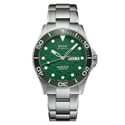 Orologio automatico con quadrante verde, lunetta verde e bracciale acciaio, MON