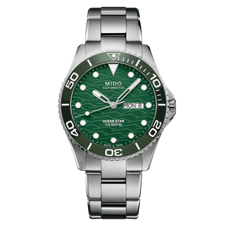 MIDO Ocean Star 200C Automatico Uomo 42,5 mm Acciaio 316L Quadrante Verde Lunetta Ceramica Verde Vetro Zaffiro Day-Date Caliber 80 Bracciale Acciaio 200 m Swiss Made Ref. M042.430.11.091.00