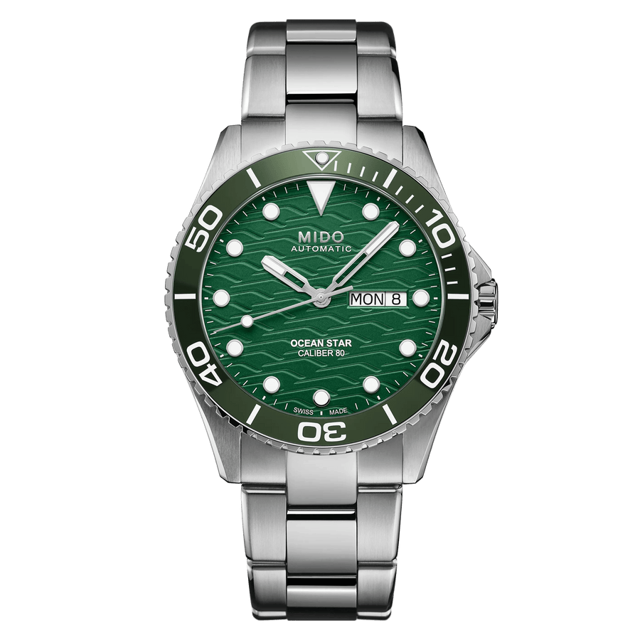 MIDO Ocean Star 200C Automatico Uomo 42,5 mm Acciaio 316L Quadrante Verde Lunetta Ceramica Verde Vetro Zaffiro Day-Date Caliber 80 Bracciale Acciaio 200 m Swiss Made Ref. M042.430.11.091.00