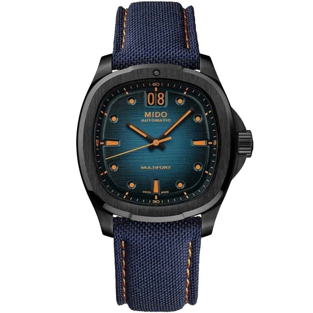 Orologio automatico MIDO Multifort blu con cinturino in tessuto e cassa nera PVD