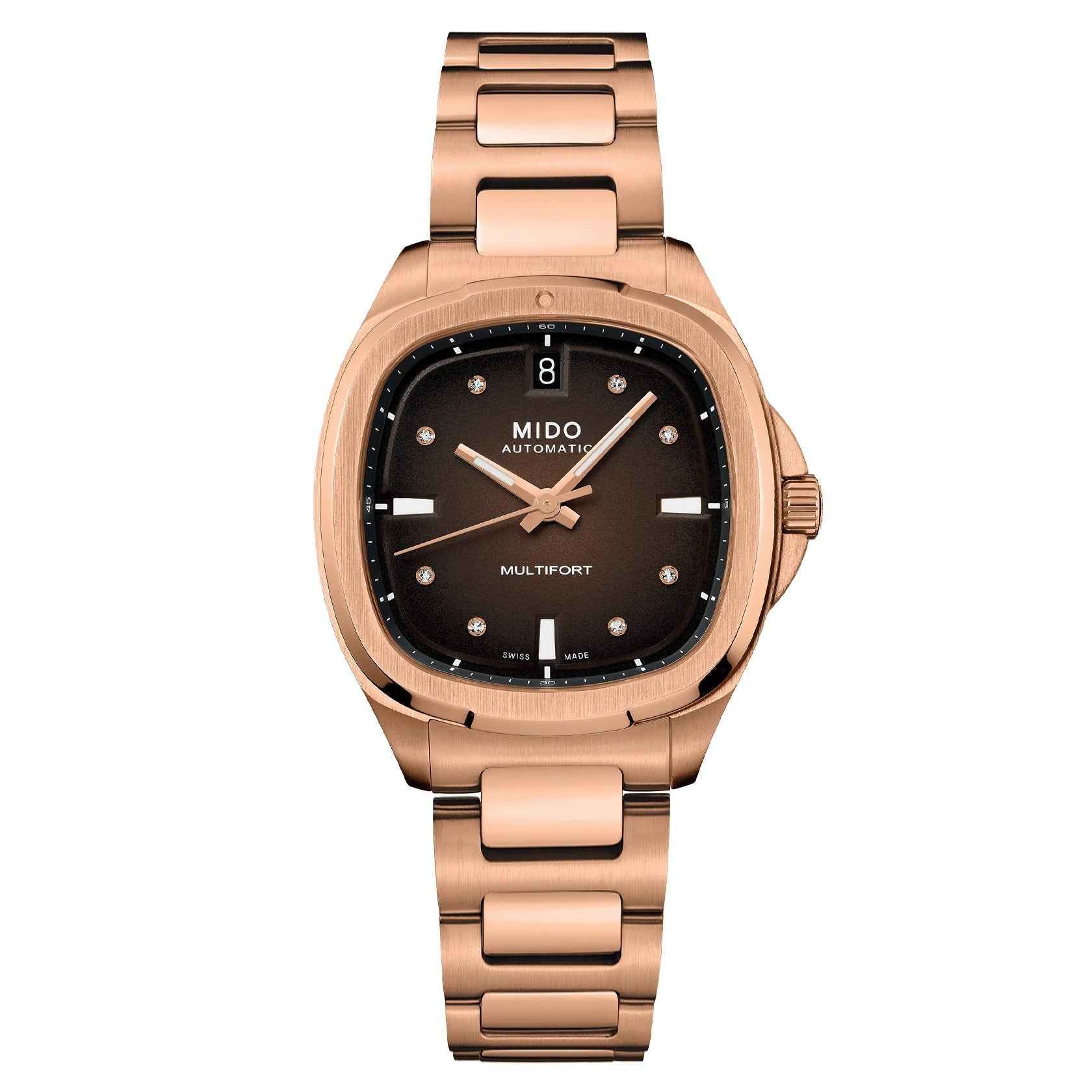 Orologio Mido Multifort automatico 35 mm, quadrante nero, bracciale PVD oro rosa