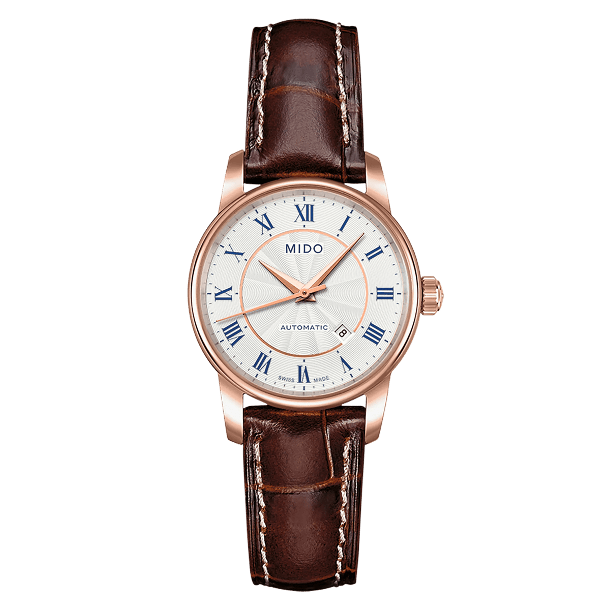 MIDO Baroncelli Tradition Automatico Donna 29 mm Acciaio PVD Oro Rosa Quadrante Argento Numeri Romani Vetro Zaffiro Data ETA 2671 Pelle Marrone 50 m Swiss Made Ref. M7600.2.21.8 Oasi Watch