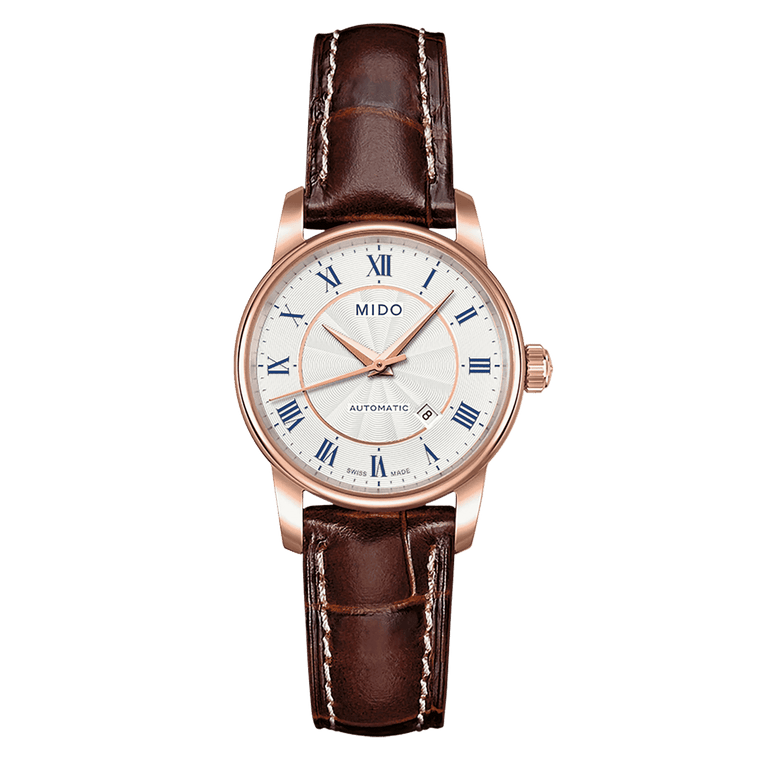 MIDO Baroncelli Tradition Automatico Donna 29 mm Acciaio PVD Oro Rosa Quadrante Argento Numeri Romani Vetro Zaffiro Data ETA 2671 Pelle Marrone 50 m Swiss Made Ref. M7600.2.21.8
