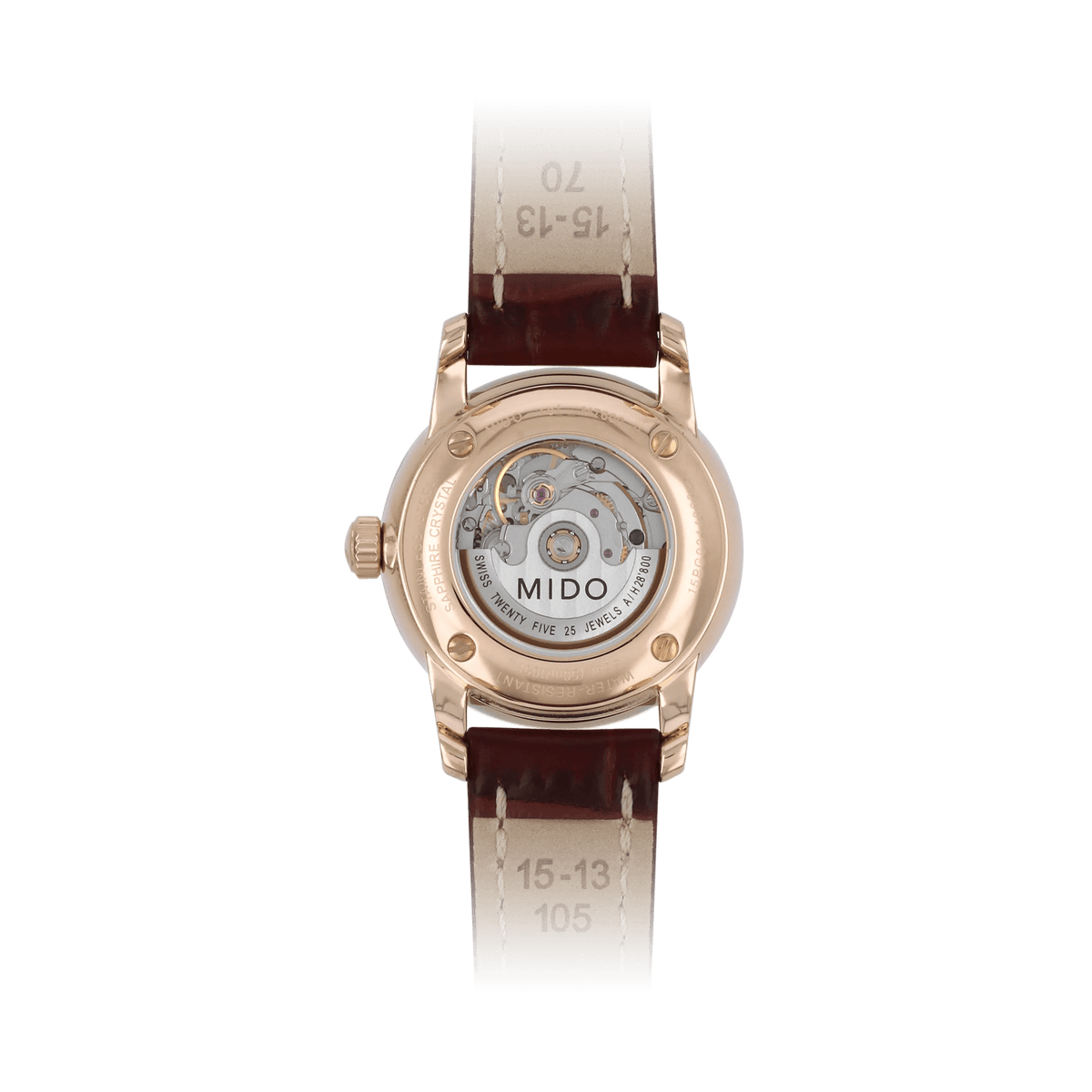 MIDO Baroncelli Tradition Automatico Donna 29 mm Acciaio PVD Oro Rosa Quadrante Argento Numeri Romani Vetro Zaffiro Data ETA 2671 Pelle Marrone 50 m Swiss Made Ref. M7600.2.21.8 Oasi Watch