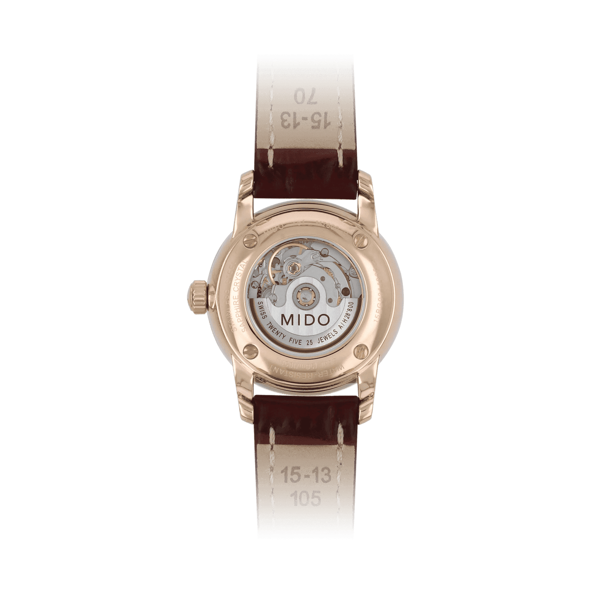 MIDO Baroncelli Tradition Automatico Donna 29 mm Acciaio PVD Oro Rosa Quadrante Argento Numeri Romani Vetro Zaffiro Data ETA 2671 Pelle Marrone 50 m Swiss Made Ref. M7600.2.21.8