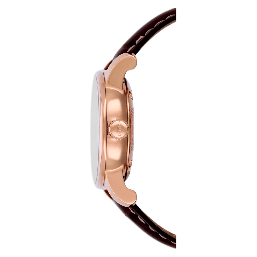 MIDO Baroncelli Tradition Automatico Donna 29 mm Acciaio PVD Oro Rosa Quadrante Argento Numeri Romani Vetro Zaffiro Data ETA 2671 Pelle Marrone 50 m Swiss Made Ref. M7600.2.21.8