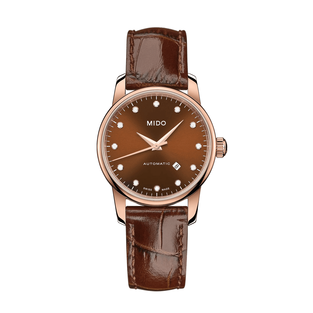 MIDO Baroncelli Automatico Donna 29 mm Acciaio PVD Oro Rosa Quadrante Marrone 12 Diamanti Vetro Zaffiro Antiriflesso Data Pelle Marrone 50 m Swiss Made Ref. M7600.3.64.8