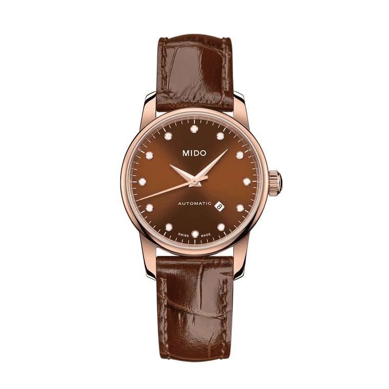 MIDO Baroncelli Automatico Donna 29 mm Acciaio PVD Oro Rosa Quadrante Marrone 12 Diamanti Vetro Zaffiro Antiriflesso Data Pelle Marrone 50 m Swiss Made Ref. M7600.3.64.8