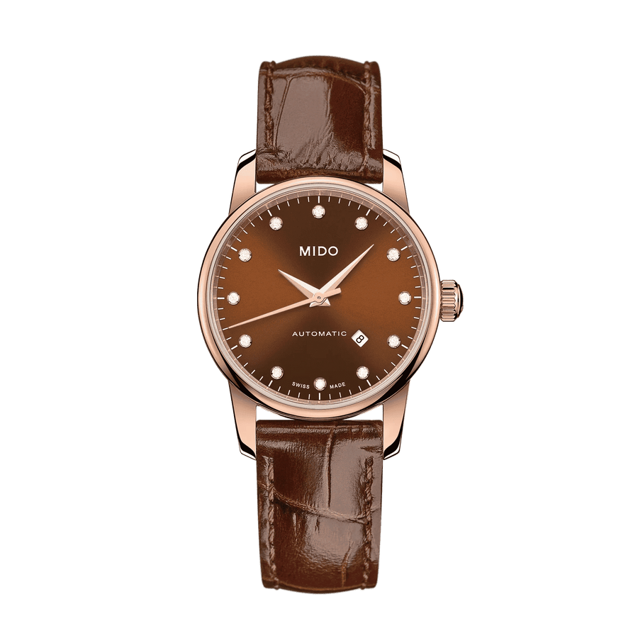 MIDO Baroncelli Automatico Donna 29 mm Acciaio PVD Oro Rosa Quadrante Marrone 12 Diamanti Vetro Zaffiro Antiriflesso Data Pelle Marrone 50 m Swiss Made Ref. M7600.3.64.8