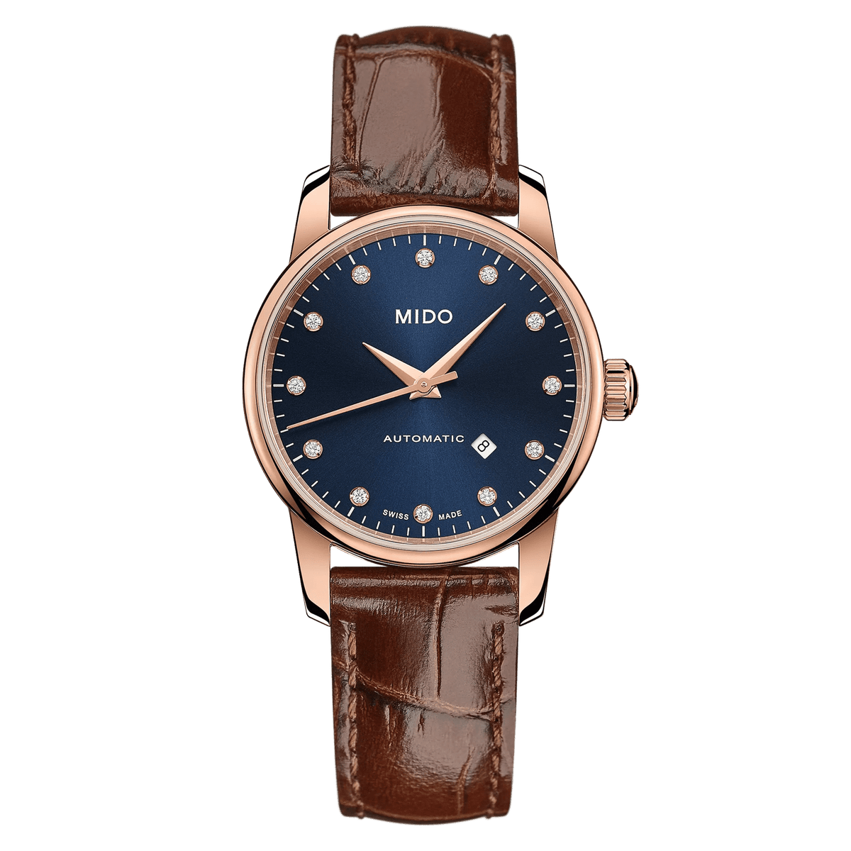 MIDO Baroncelli Midnight Blue Automatico Donna 29 mm Acciaio PVD Oro Rosa Quadrante Blu 12 Diamanti Vetro Zaffiro Data Cinturino Pelle Marrone 50 m Swiss Made Ref. M7600.3.65.8
