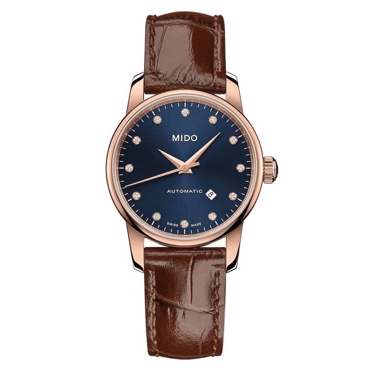 MIDO Baroncelli Midnight Blue Automatico Donna 29 mm Acciaio PVD Oro Rosa Quadrante Blu 12 Diamanti Vetro Zaffiro Data Cinturino Pelle Marrone 50 m Swiss Made Ref. M7600.3.65.8