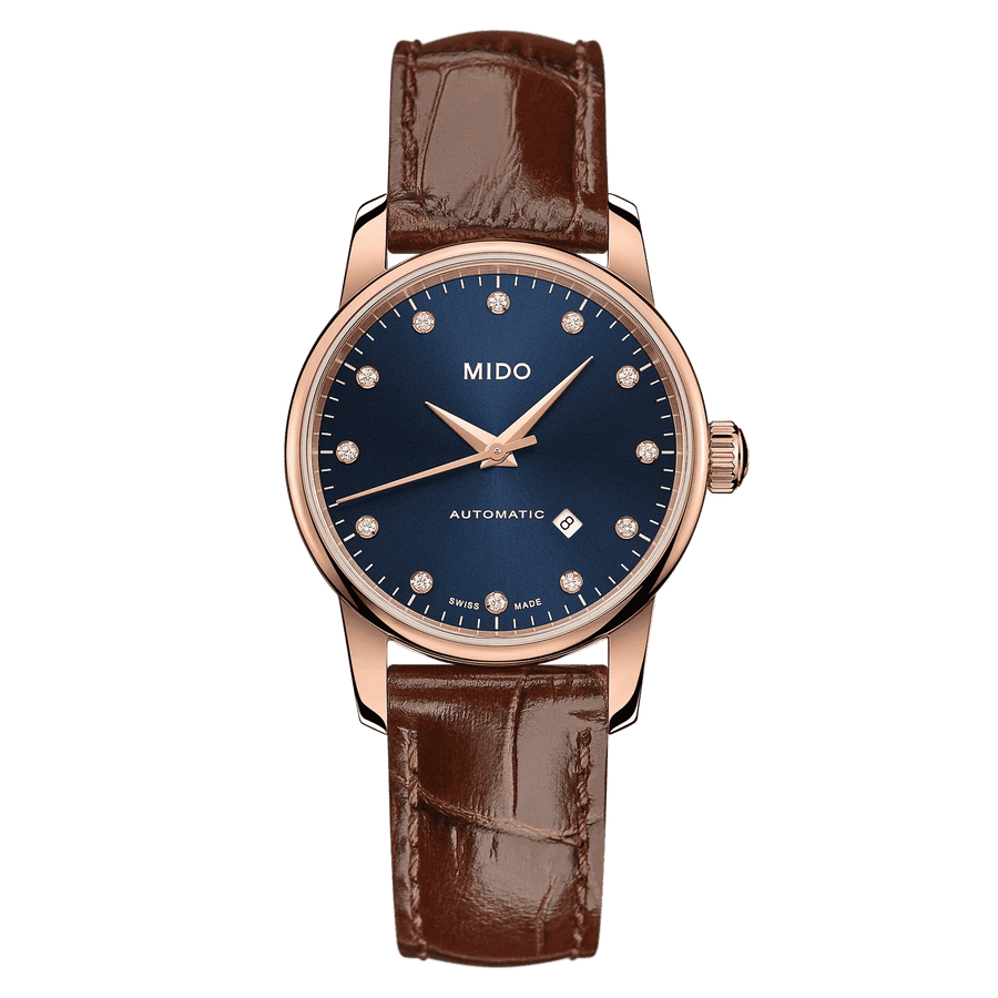 MIDO Baroncelli Midnight Blue Automatico Donna 29 mm Acciaio PVD Oro Rosa Quadrante Blu 12 Diamanti Vetro Zaffiro Data Cinturino Pelle Marrone 50 m Swiss Made Ref. M7600.3.65.8