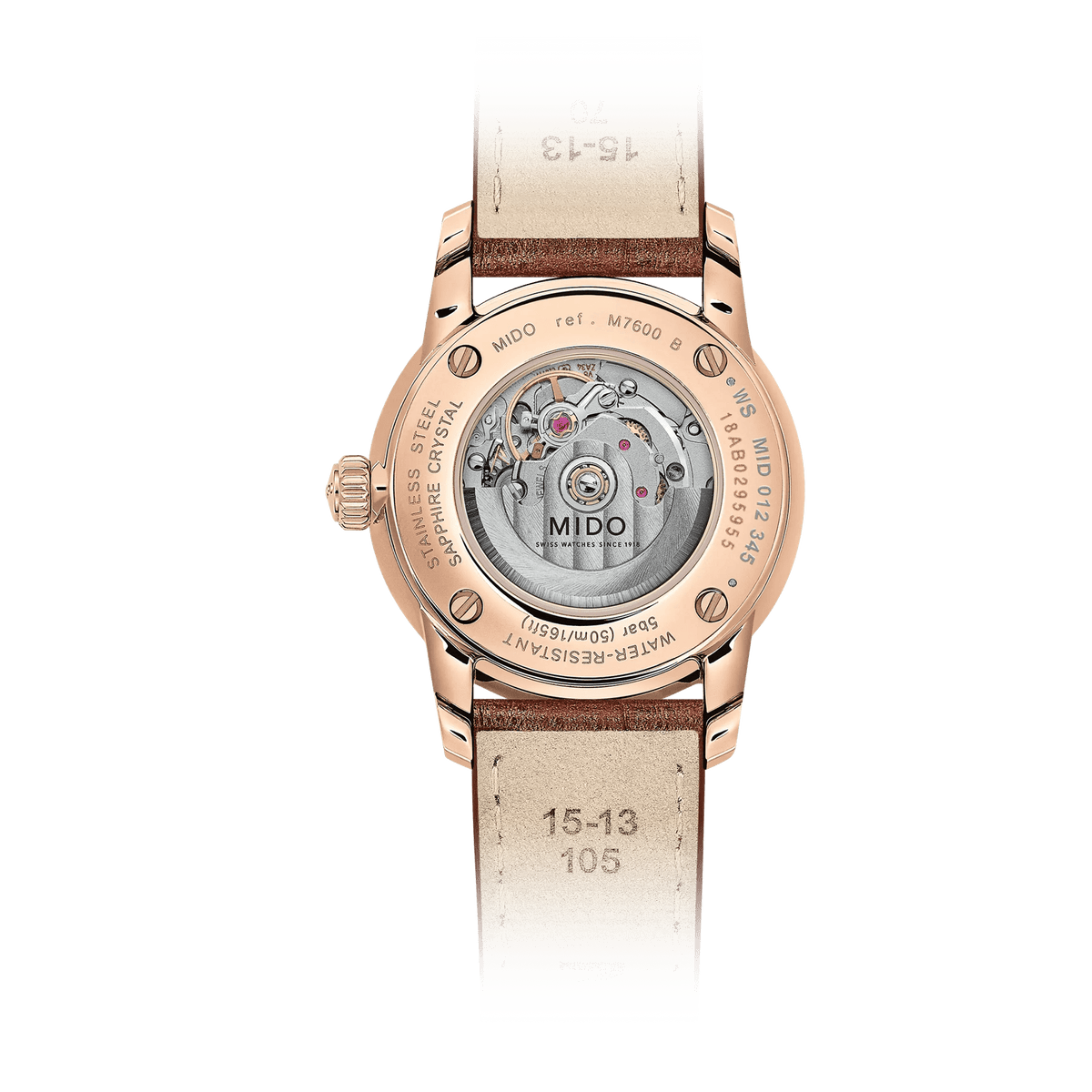 MIDO Baroncelli Midnight Blue Automatico Donna 29 mm Acciaio PVD Oro Rosa Quadrante Blu 12 Diamanti Vetro Zaffiro Data Cinturino Pelle Marrone 50 m Swiss Made Ref. M7600.3.65.8 Oasi Watch