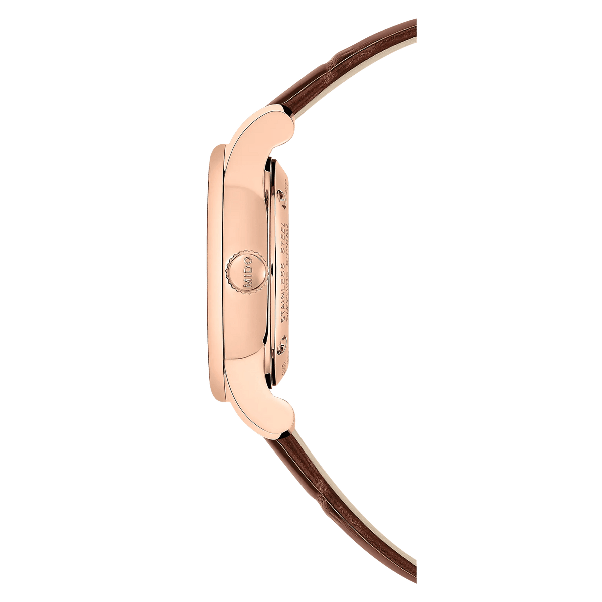MIDO Baroncelli Midnight Blue Automatico Donna 29 mm Acciaio PVD Oro Rosa Quadrante Blu 12 Diamanti Vetro Zaffiro Data Cinturino Pelle Marrone 50 m Swiss Made Ref. M7600.3.65.8