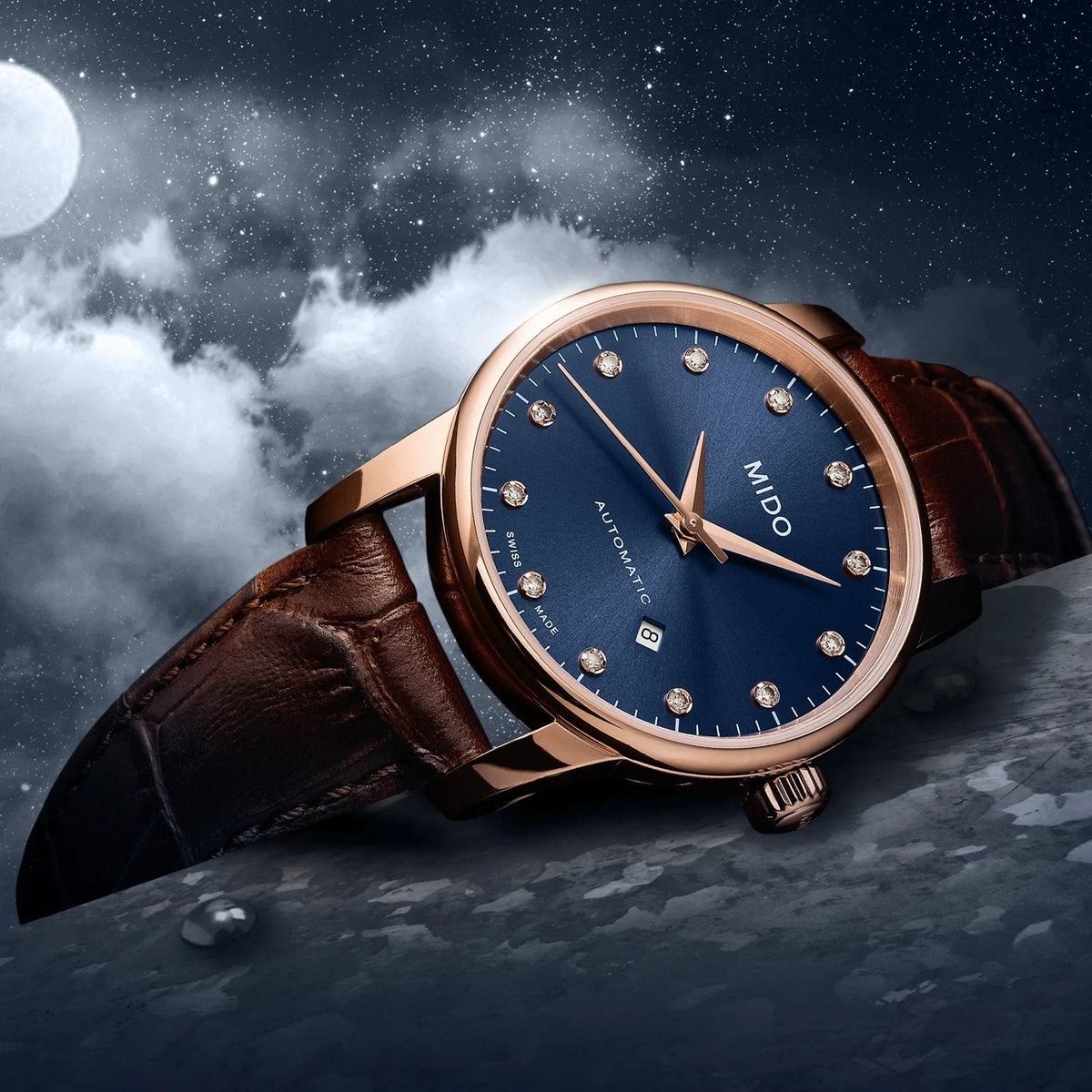 MIDO Baroncelli Midnight Blue Automatico Donna 29 mm Acciaio PVD Oro Rosa Quadrante Blu 12 Diamanti Vetro Zaffiro Data Cinturino Pelle Marrone 50 m Swiss Made Ref. M7600.3.65.8 Oasi Watch