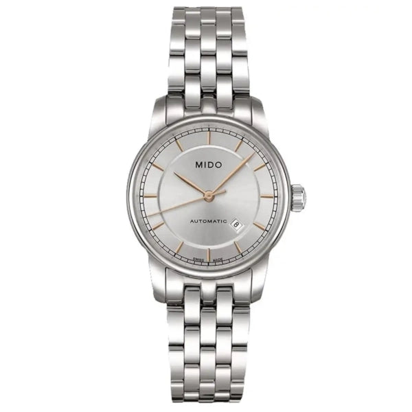 MIDO Baroncelli Automatico Donna 29 mm Acciaio Quadrante Argento Indici Applicati Vetro Zaffiro Antiriflesso Data ETA 2671 Bracciale Acciaio 50 m Swiss Made Ref. M7600.4.10.1