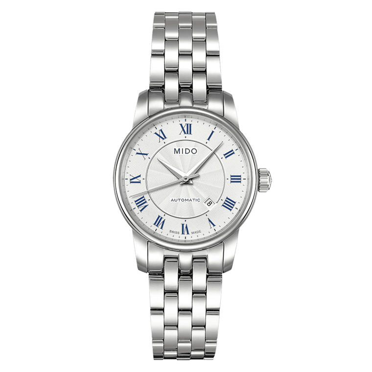 MIDO Baroncelli Tradition Automatico Donna 29 mm Acciaio Quadrante Argento Numeri Romani Blu Vetro Zaffiro Data ETA 2671 Bracciale Acciaio 50 m Swiss Made Ref. M7600.4.21.1