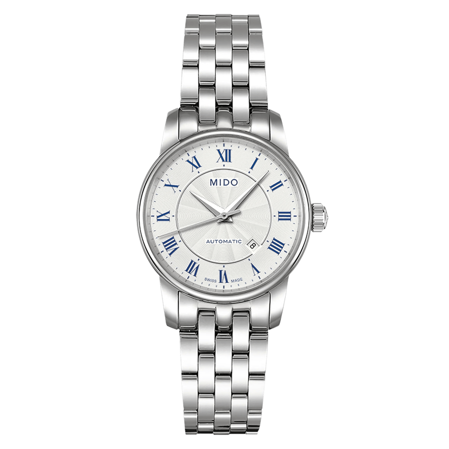 MIDO Baroncelli Tradition Automatico Donna 29 mm Acciaio Quadrante Argento Numeri Romani Blu Vetro Zaffiro Data ETA 2671 Bracciale Acciaio 50 m Swiss Made Ref. M7600.4.21.1