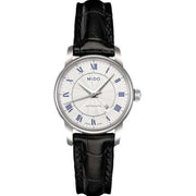 Orologio da polso donna con quadrante argento, numeri romani, data e cinturino in pelle nero