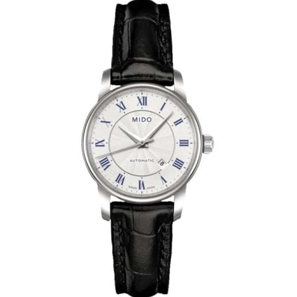 MIDO Baroncelli Automatico Donna 29 mm Acciaio Quadrante Argento Numeri Romani Vetro Zaffiro Antiriflesso Data ETA 2671 Cinturino Pelle Nero 50 m Swiss Made Ref. M7600.4.21.4