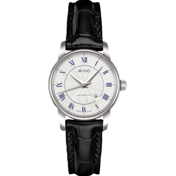 MIDO Baroncelli Automatico Donna 29 mm Acciaio Quadrante Argento Numeri Romani Vetro Zaffiro Antiriflesso Data ETA 2671 Cinturino Pelle Nero 50 m Swiss Made Ref. M7600.4.21.4