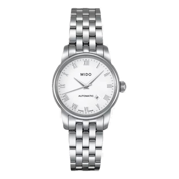 MIDO Baroncelli Automatico Donna 29 mm Acciaio Quadrante Bianco Numeri Romani Vetro Zaffiro Antiriflesso Data Caliber 48 Bracciale Acciaio 50 m Swiss Made Ref. M7600.4.26.1