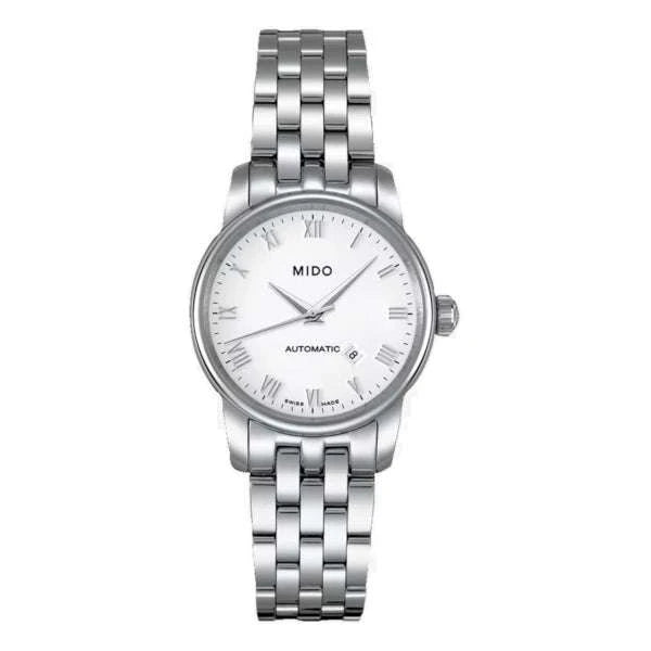 MIDO Baroncelli Automatico Donna 29 mm Acciaio Quadrante Bianco Numeri Romani Vetro Zaffiro Antiriflesso Data Caliber 48 Bracciale Acciaio 50 m Swiss Made Ref. M7600.4.26.1