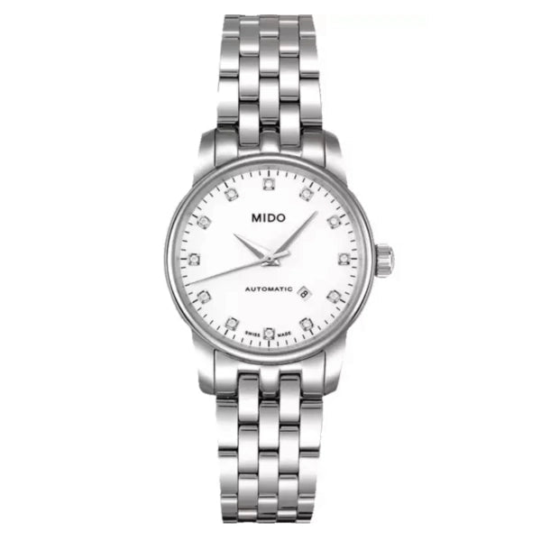 MIDO Baroncelli Tradition Automatico Donna 29 mm Acciaio Quadrante Bianco 12 Diamanti Vetro Zaffiro Antiriflesso Data ETA 2671 Bracciale Acciaio 50 m Swiss Made Ref. M7600.4.66.1