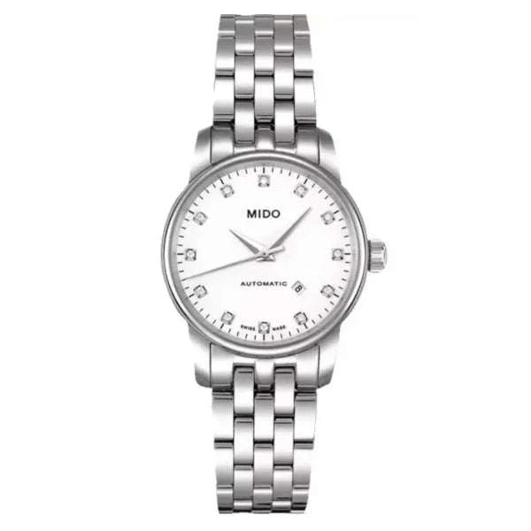 MIDO Baroncelli Tradition Automatico Donna 29 mm Acciaio Quadrante Bianco 12 Diamanti Vetro Zaffiro Antiriflesso Data ETA 2671 Bracciale Acciaio 50 m Swiss Made Ref. M7600.4.66.1