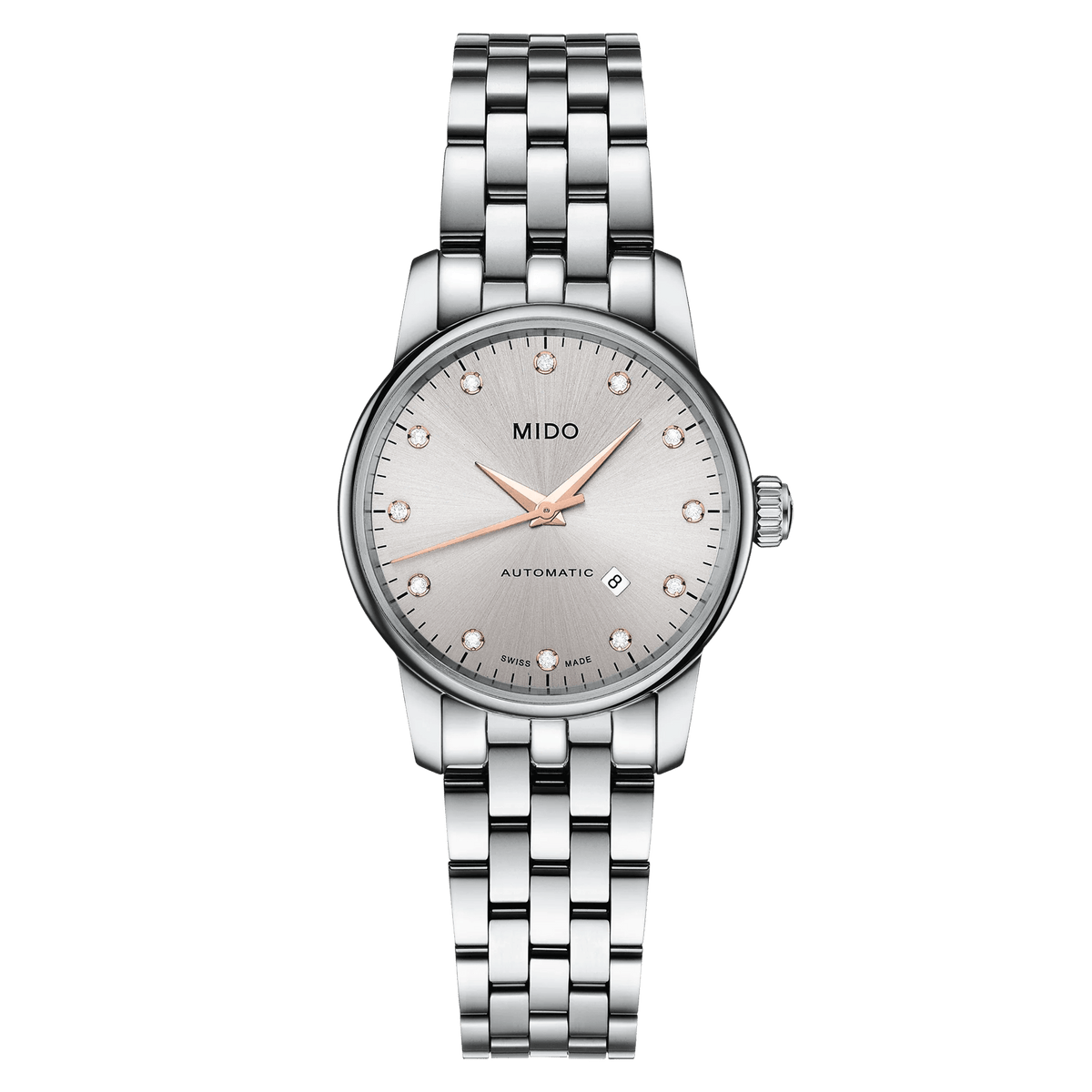 MIDO Baroncelli Automatico Donna 29 mm Acciaio Quadrante Rodio 12 Diamanti Vetro Zaffiro Antiriflesso Data ETA 2671 Bracciale Acciaio 50 m Swiss Made Ref. M7600.4.67.1