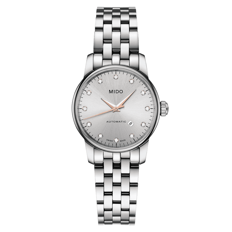 MIDO Baroncelli Automatico Donna 29 mm Acciaio Quadrante Rodio 12 Diamanti Vetro Zaffiro Antiriflesso Data ETA 2671 Bracciale Acciaio 50 m Swiss Made Ref. M7600.4.67.1
