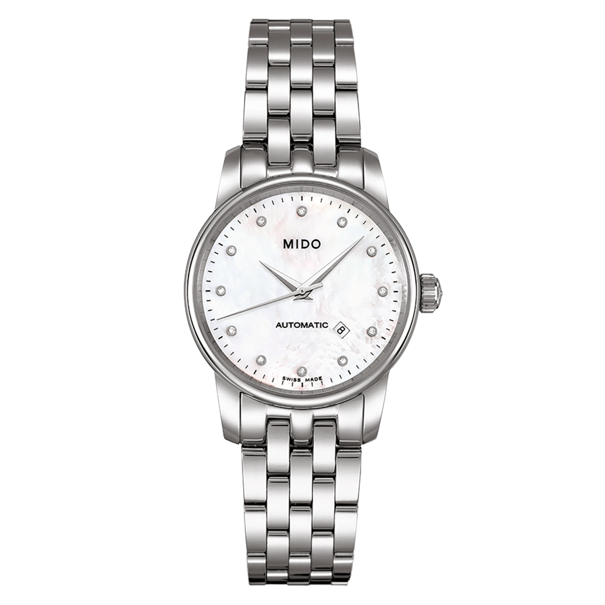 MIDO Baroncelli Tradition Automatico Donna 29 mm Acciaio Quadrante Madreperla 12 Diamanti Vetro Zaffiro Antiriflesso Data ETA 2671 Bracciale Acciaio 50 m Swiss Made Ref. M7600.4.69.1 Oasi Watch