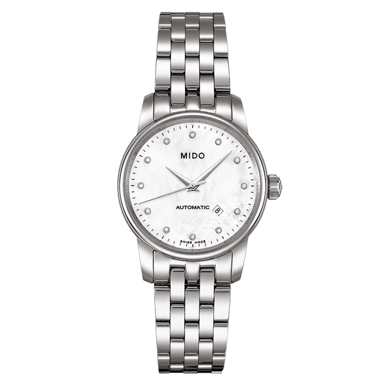 MIDO Baroncelli Tradition Automatico Donna 29 mm Acciaio Quadrante Madreperla 12 Diamanti Vetro Zaffiro Antiriflesso Data ETA 2671 Bracciale Acciaio 50 m Swiss Made Ref. M7600.4.69.1