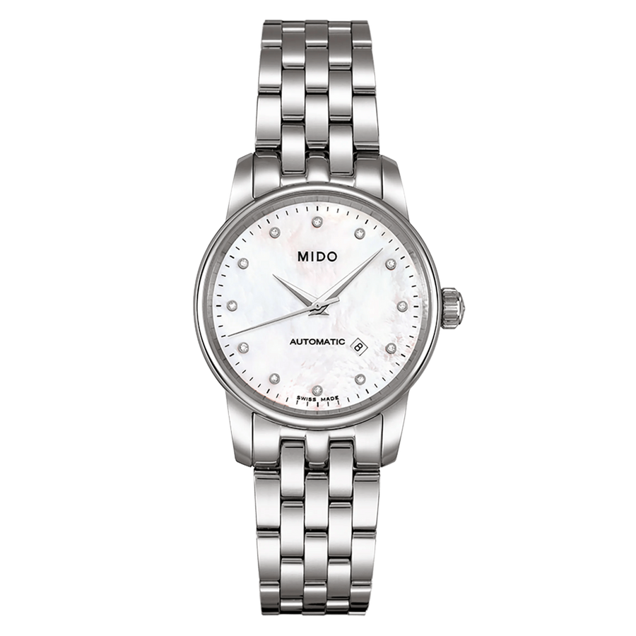 MIDO Baroncelli Tradition Automatico Donna 29 mm Acciaio Quadrante Madreperla 12 Diamanti Vetro Zaffiro Antiriflesso Data ETA 2671 Bracciale Acciaio 50 m Swiss Made Ref. M7600.4.69.1
