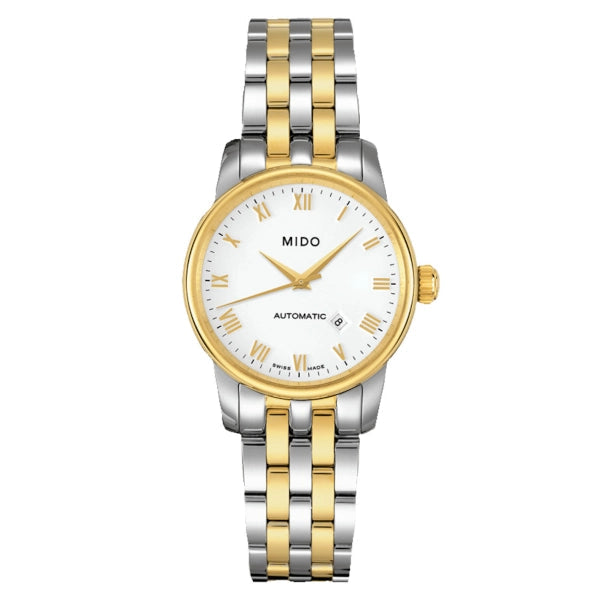 MIDO Baroncelli II Automatico Donna 29 mm Acciaio PVD Oro Giallo Quadrante Bianco Numeri Romani Vetro Zaffiro Data ETA 2671 Bracciale Bicolore 50 m Swiss Made Ref. M7600.9.26.1